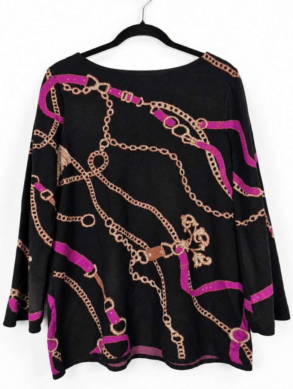 Chico's L Black Equestrian Chain Belt Print Sweater Quiet Luxury Statement